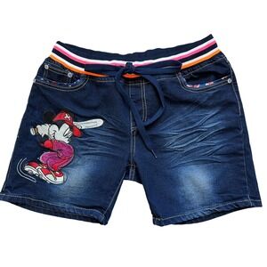 VTG Rare Upcycled Embroidered Mickey Mouse Denim Shorts Baseball Dark Wash